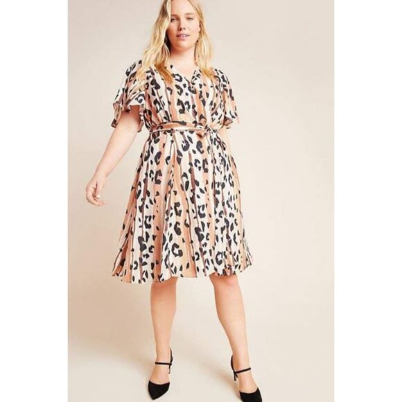 Anthropologie HUTCH Blaise Wrap Mini Dress Animal Print Coffee Women's PLUS 1X - Picture 1 of 8